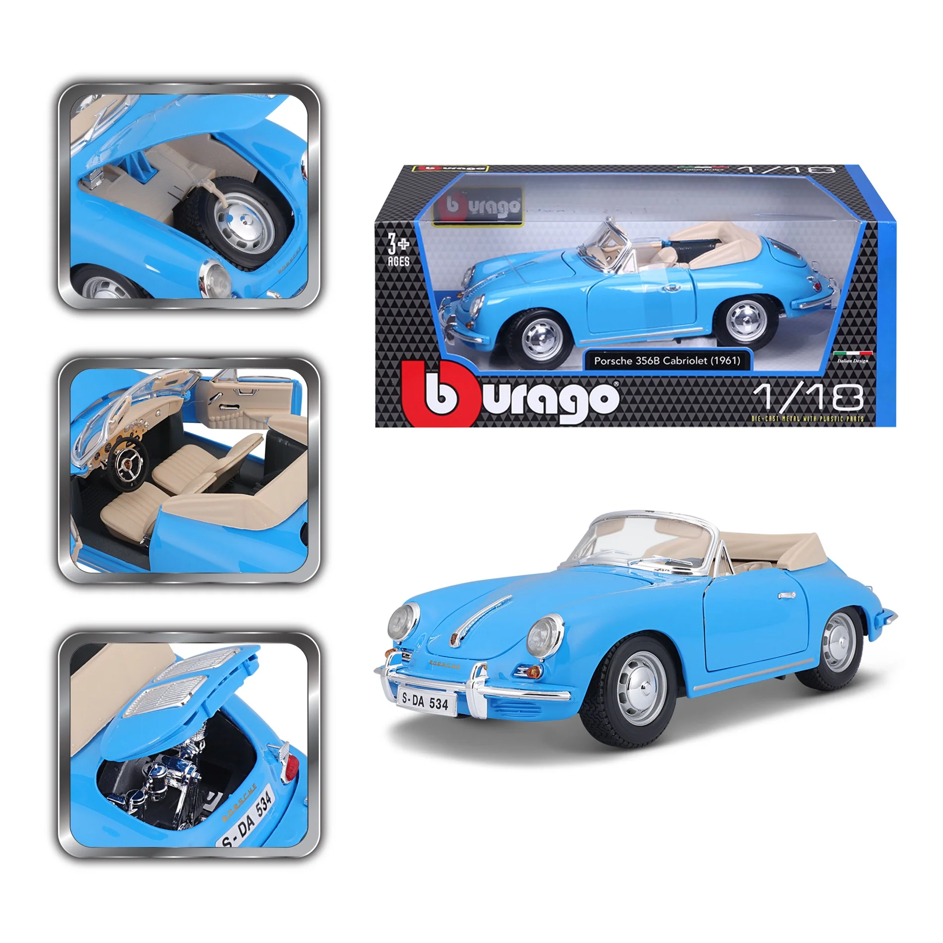 18-12025 Bburago - Porsche 356B Cabriolet (1961), blu - Scala 1:18 - immagine 4