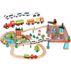 Pista trenino legno giocattolo – 88 pezzi – locomotiva elettrica e gru magnetica